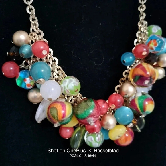 Colorful Multiple Glass Bead Ball Gold Tone Statement Fashion Necklace Cluster - Picture 3 of 9